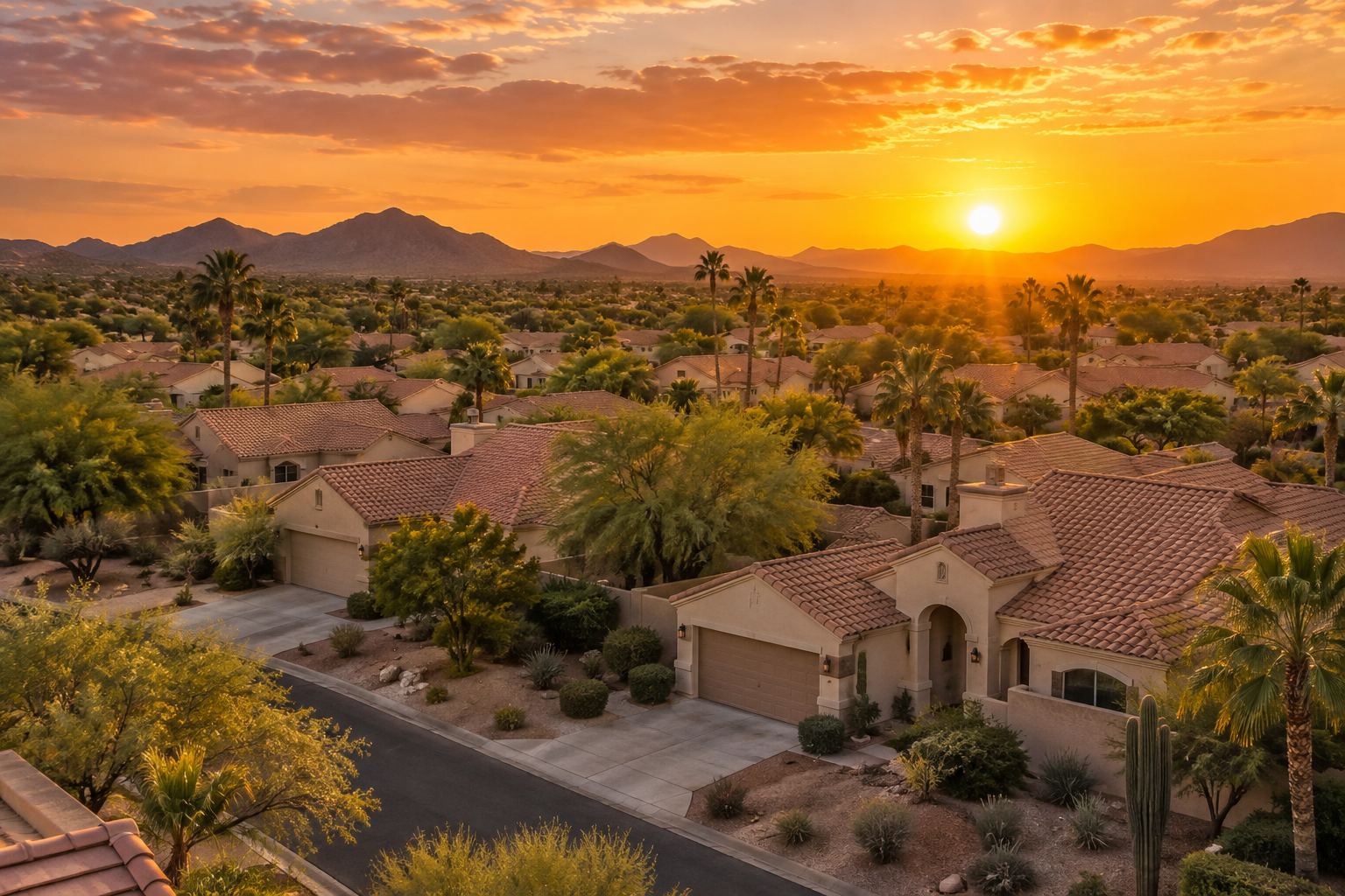 A Phoenix Arizona suburban neighborhood at sunset, illustrative