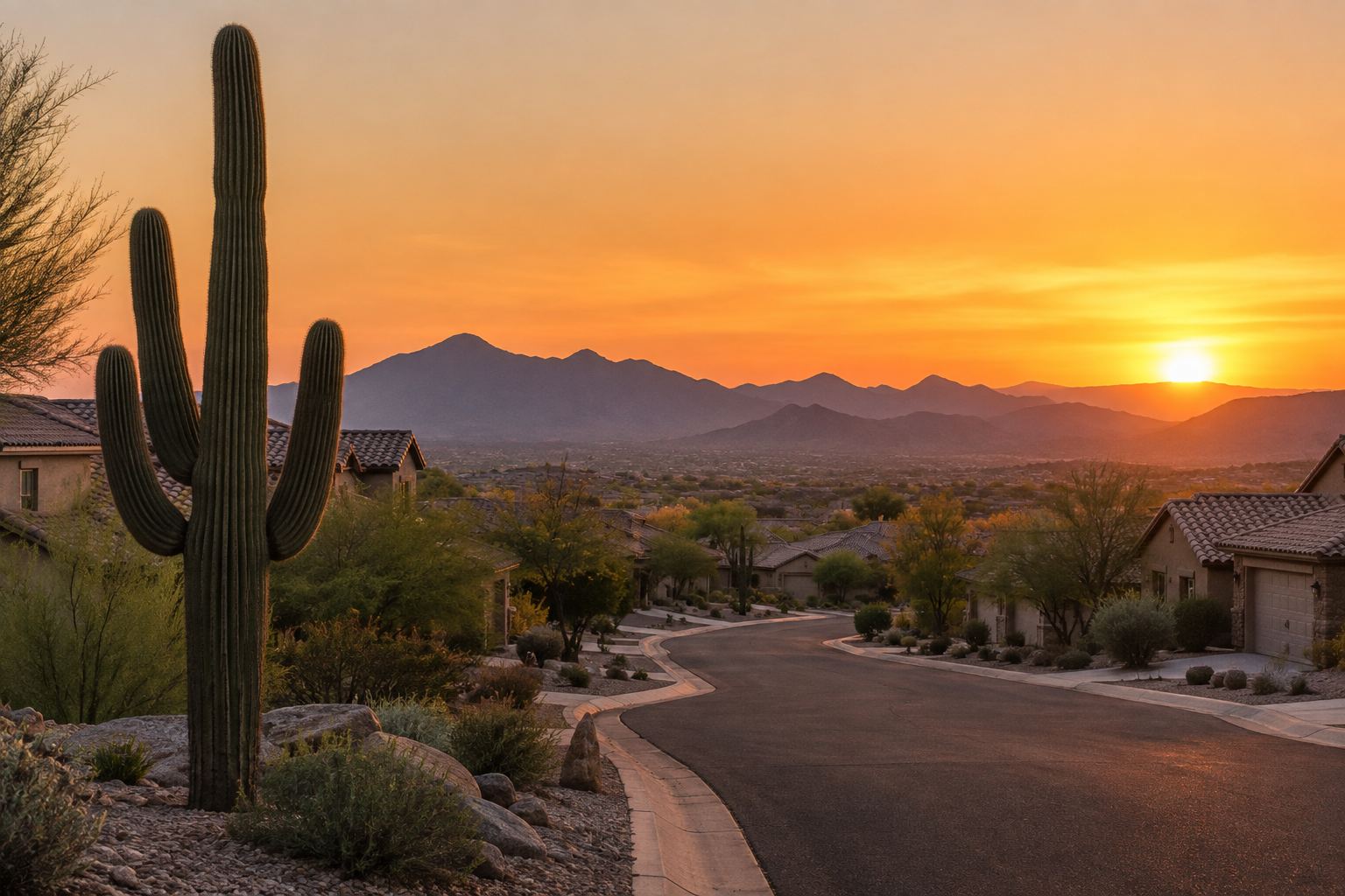 A Phoenix Arizona street at sunset, illustrative