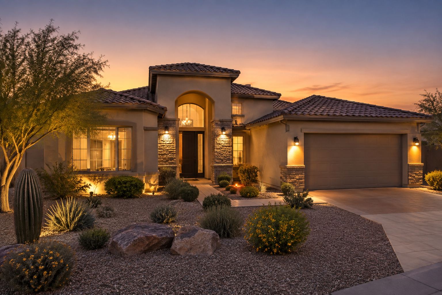 An Arizona home exterior at dusk, illustrative