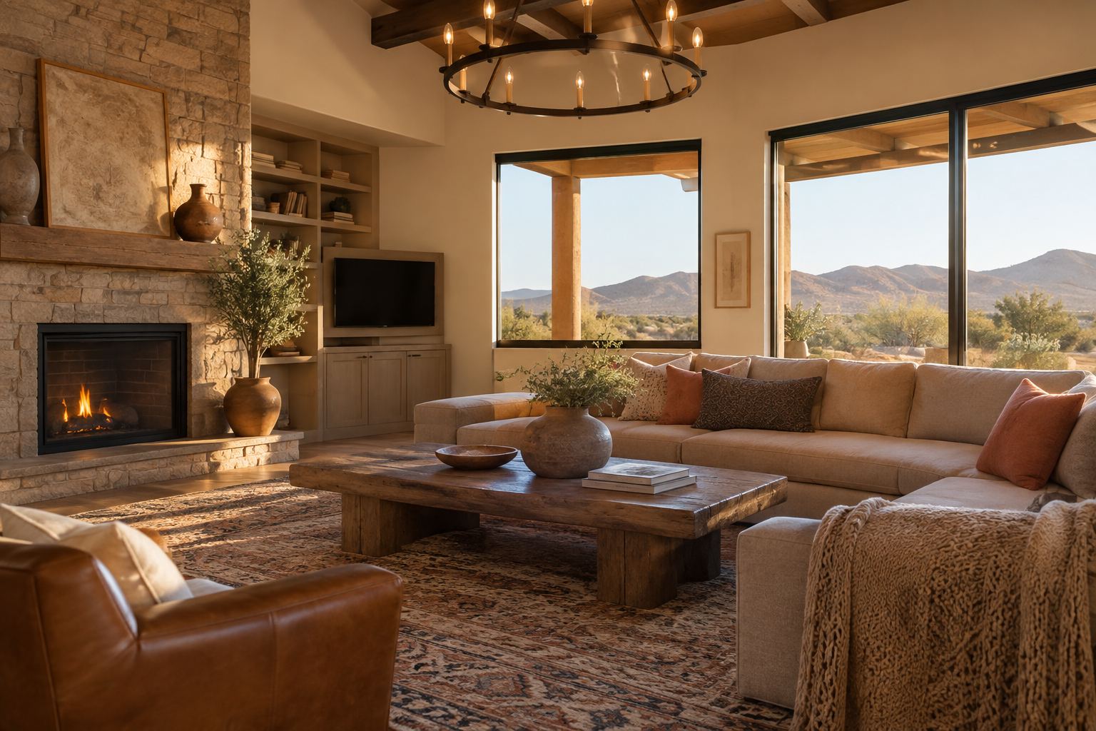 A cozy Arizona living room, illustrative